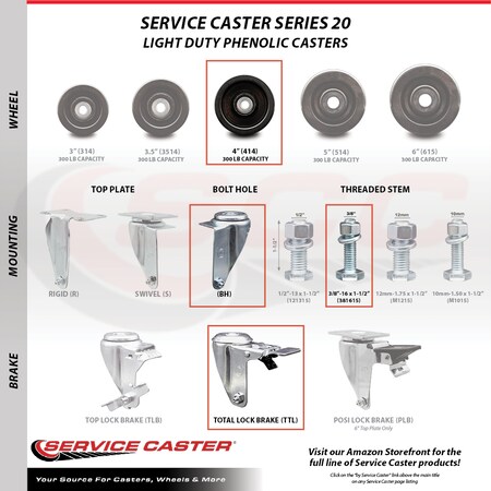 Service Caster 4 Inch SS Phenolic Swivel 3/8 Inch Threaded Stem Caster Set Total Lock Brake SCC SCC-SSTSTTL20S414-PHS-381615-4